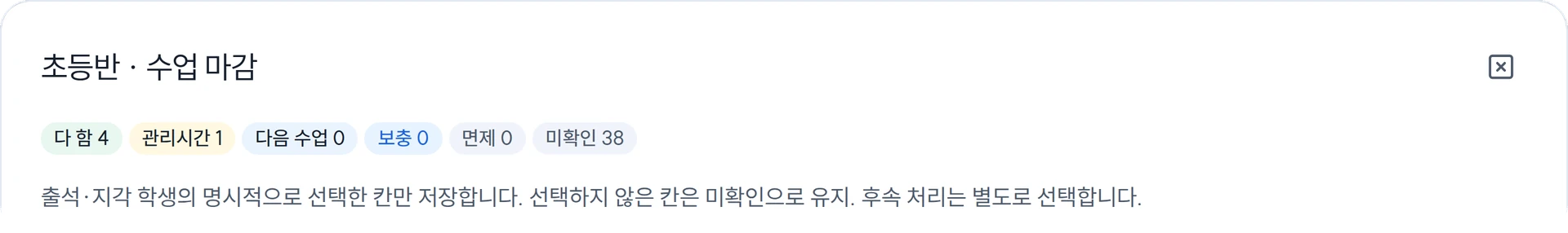 ‘초등반 · 수업 마감’ 확인 창 윗부분. ‘다 함 4 · 관리시간 1 · 다음 수업 0 · 보충 0 · 면제 0 · 미확인 38’로 세어 보여 준다.